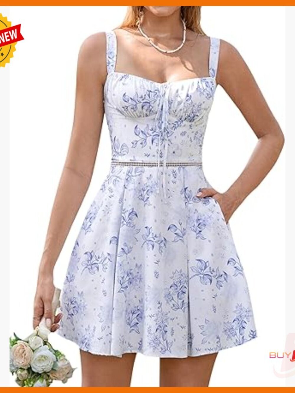 Floral Corset Mini Dress with Lace Up Front and Pockets